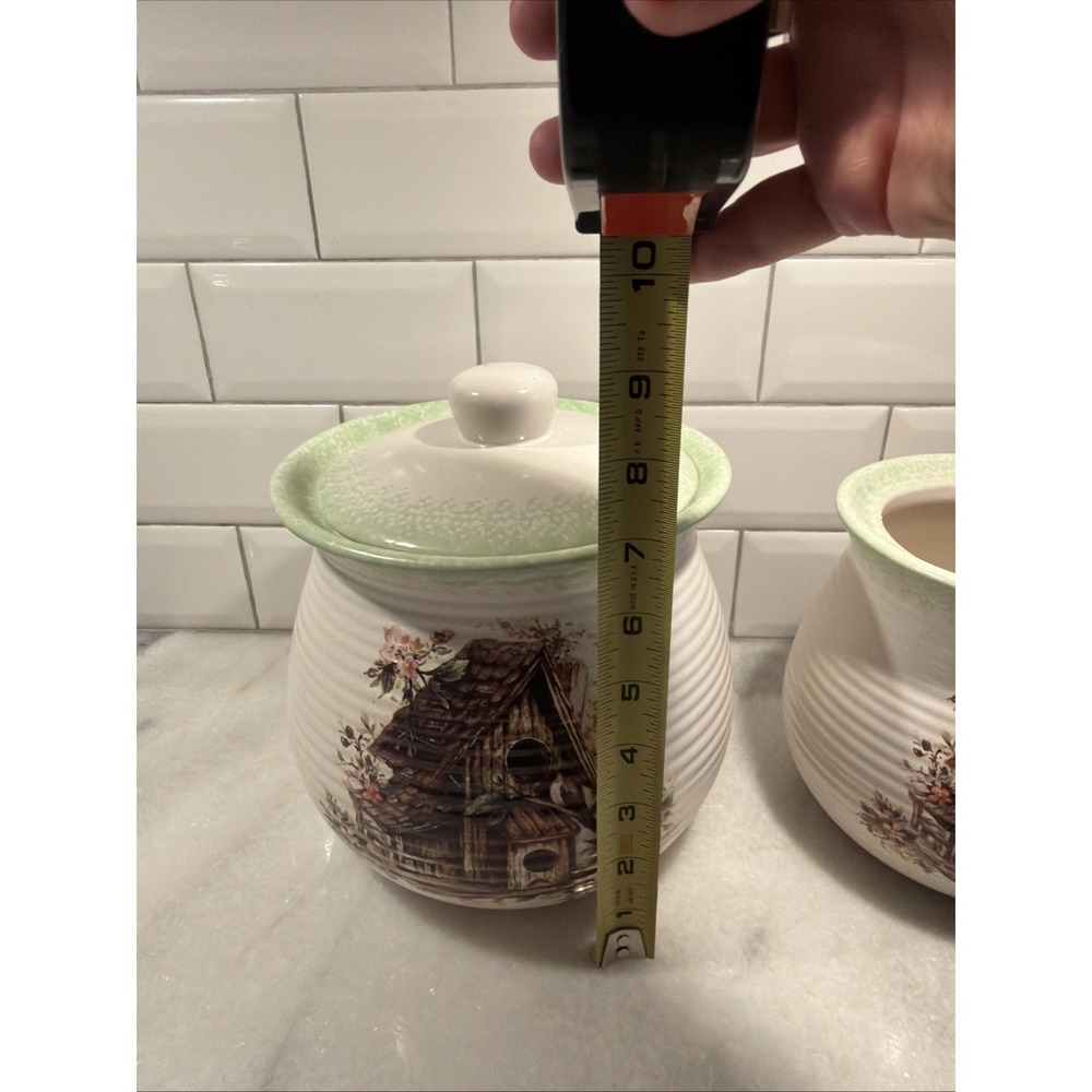 Set Of 2 Green Speckled Canisters- Textured-Birdhouse W/Florals- Beautiful OLA - Picture 7 of 8